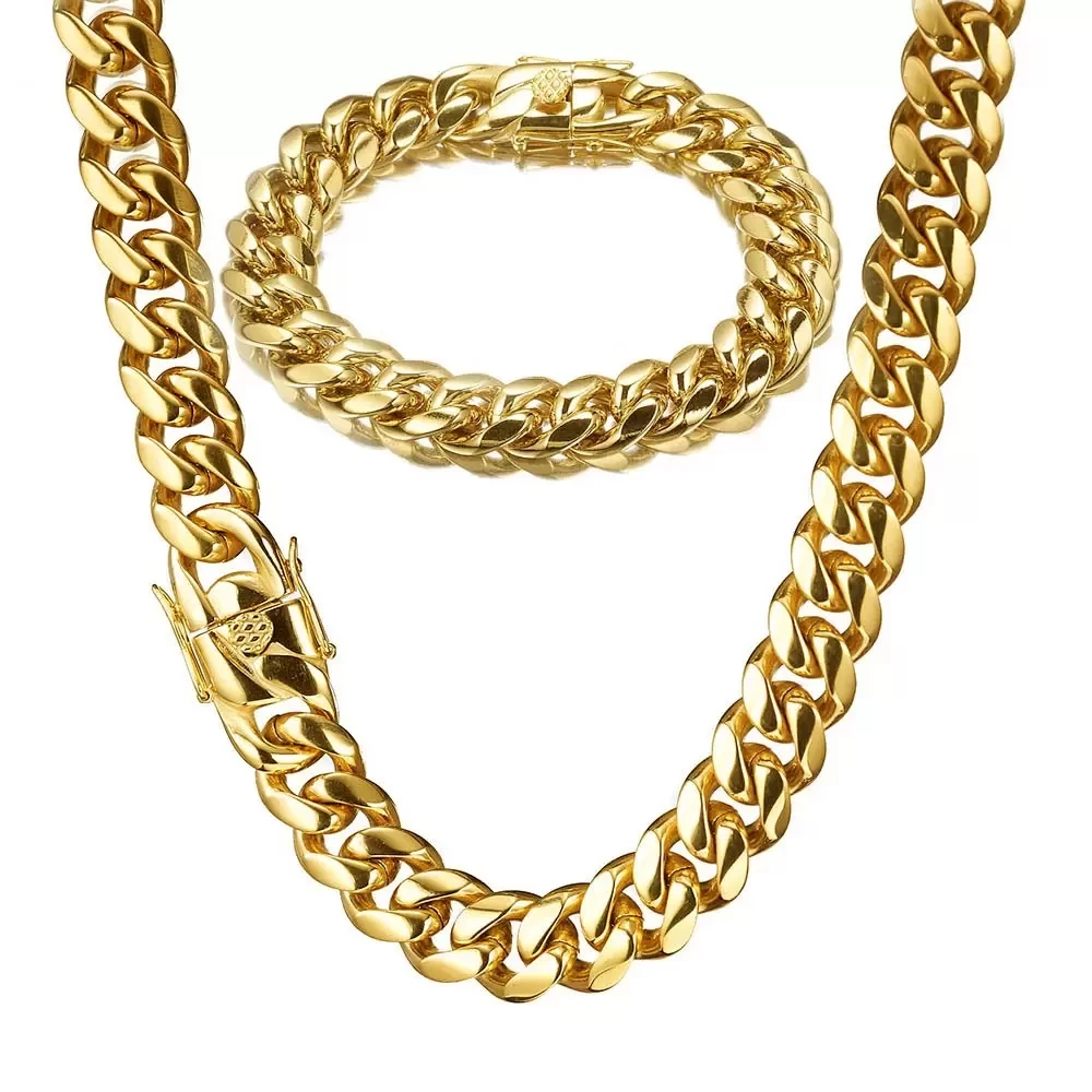 

316L Stainless Steel Miami Curb Cuban Link Chain Necklace Bracelet Boys Men Clasps Luxury Bling Golden Jewelry Set Hot Sell 12m'