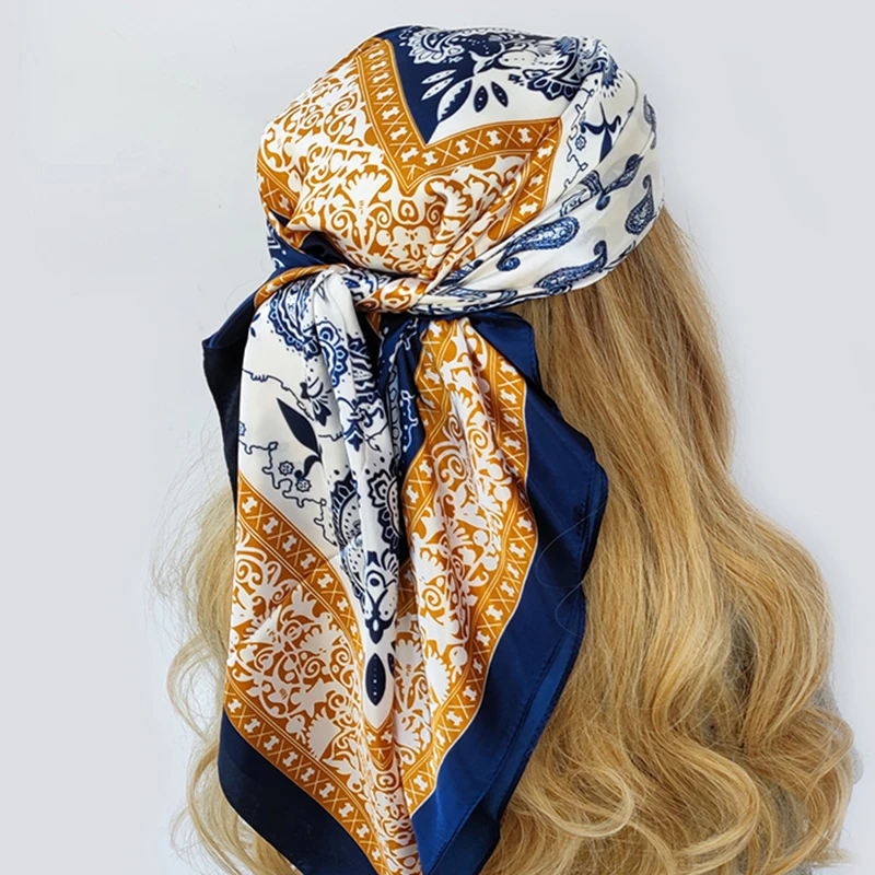 

Square Bandannas Luxury Flower Shawls Popular Print 90X90CM Headcloth 2022 Four Seasons Kerchief Fashion Sunscreen Silk Scarves