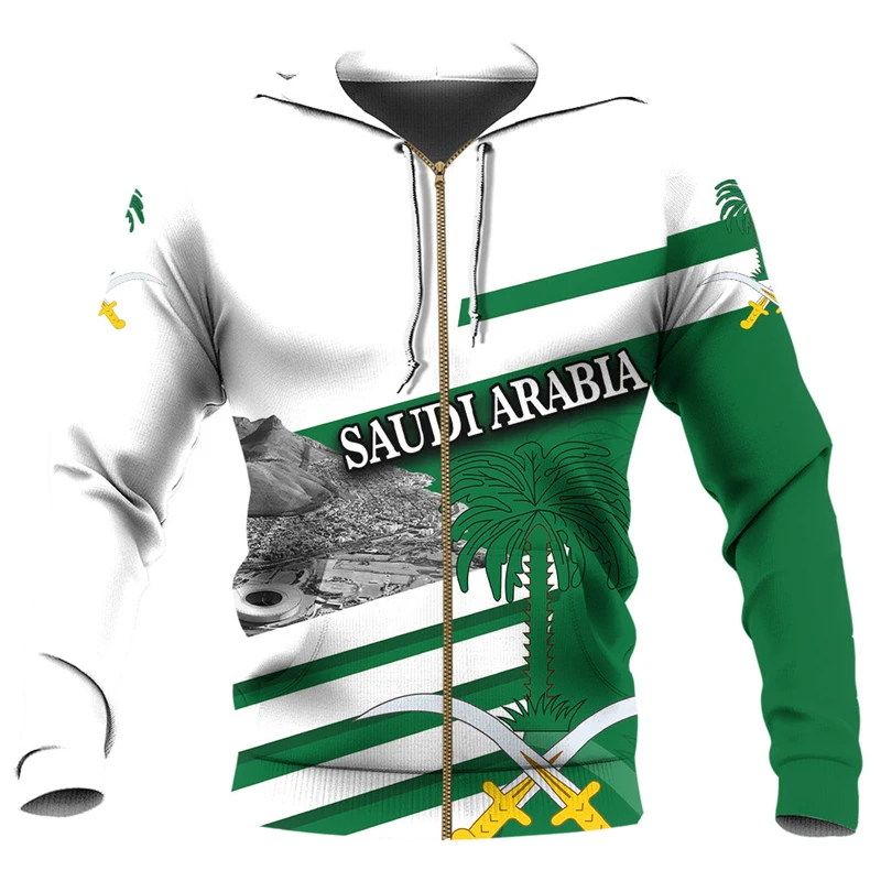 thumbnail image 1 of Sudadera con capucha y gráfico de la bandera de Arabia Saudita, sudadera con capucha y cremallera con emblema nacional de Arabia Saudita para hombres, ropa informal, suéteres deportivos para hombres, 1 of 5