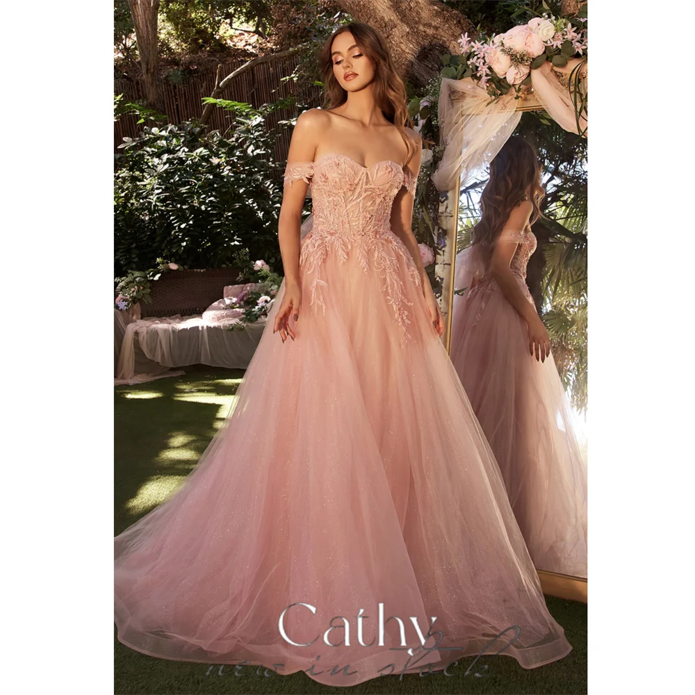 

Cathy Pink Lace Embroidery Tulle Prom Dress Off Shoulder Backless A-line Vestidos De Novia Elegant Sleeveless robes de soirée