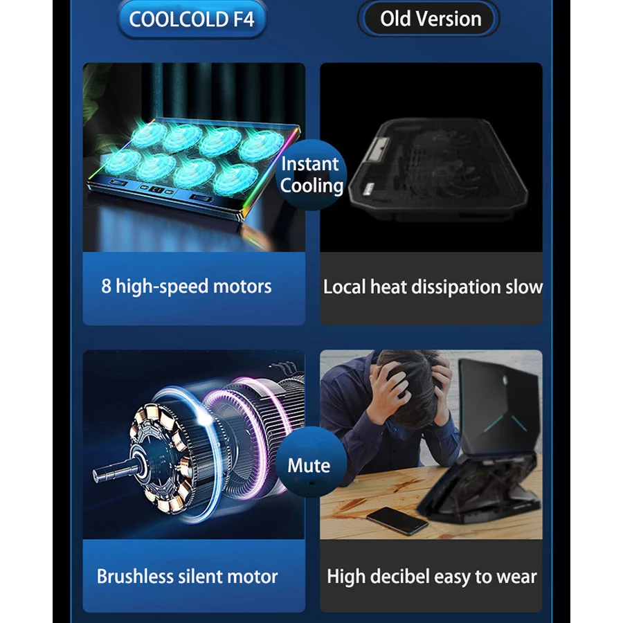 RGB 노트북 라디에이터, 8 팬 LED 스크린, USB 포트 2 개, 고속 회전 무음 모터 쿨러 노트북 스탠드, 다중 노트북 크기