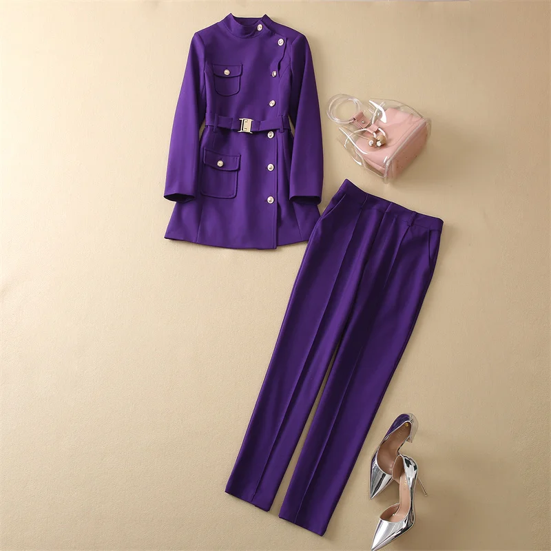 

High Quality Designer Clothing Sets 2022 Autumn Winter Pant Sets Women Pocket Deco Long Purple Coats+Skinny Legging Pants Sets