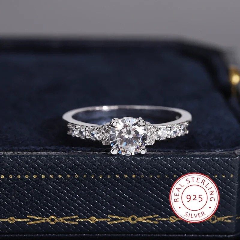 925 Silver Plated Ring for Women Classic Shiny Zircon Ring Fashion ...