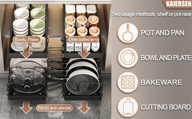 Lot De 2 Organiseurs De Casseroles Extensibles KEXIBO - 8 Compartiments Réglables Pour Placard - Noir, Acier Carbone