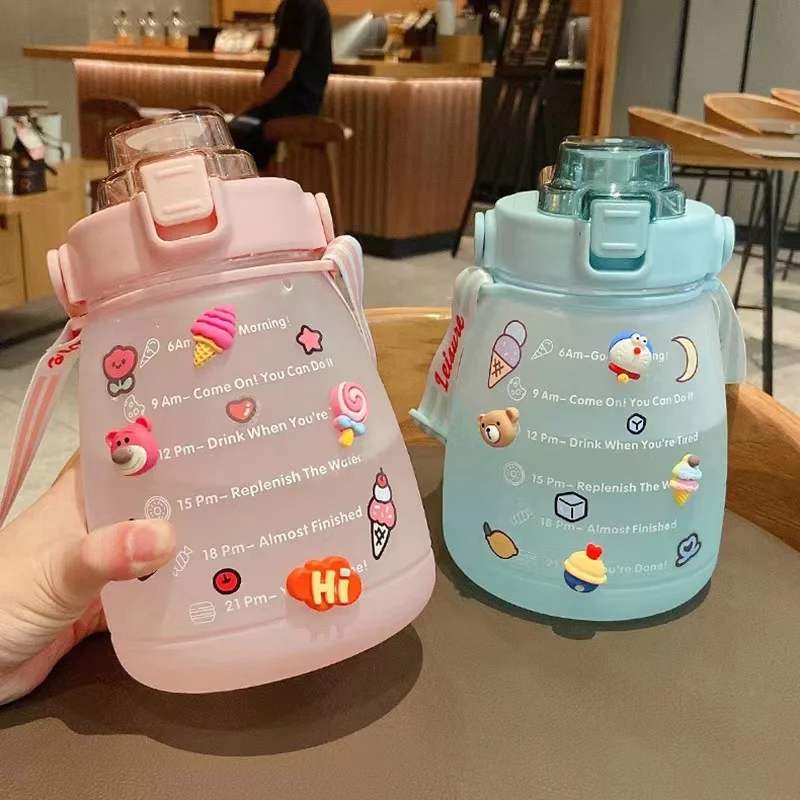 

1400ml Large Capacity Motivational Water Bottle With Rope BPA Free Child Gourd For School Cute Bottle Girls Outdoor Sports Jug