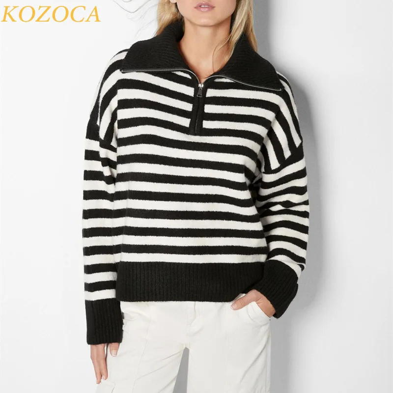 

Kozoca High Elasticity Casual Loose Stripe Oversized Sweater Women Fashion Warm Soft Pullover for Female Tops Autumn Winter New