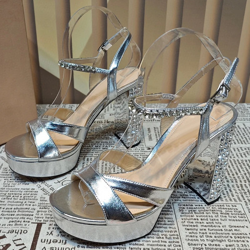 

High Heel Sandals Female 2023 Summer New Rhinestone Decor Cross Belt Design Platform Sandals Banquet Buckle Strap Ladies Pumps