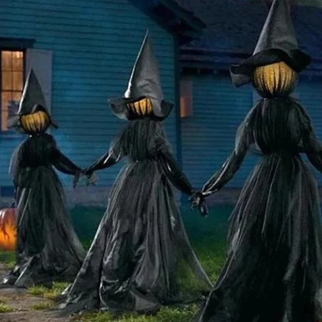 Sound-Activated Light-Up Witches Halloween Outdoor Decorations - Holding Hands and Screaming Witches with Stakes" - Image 3