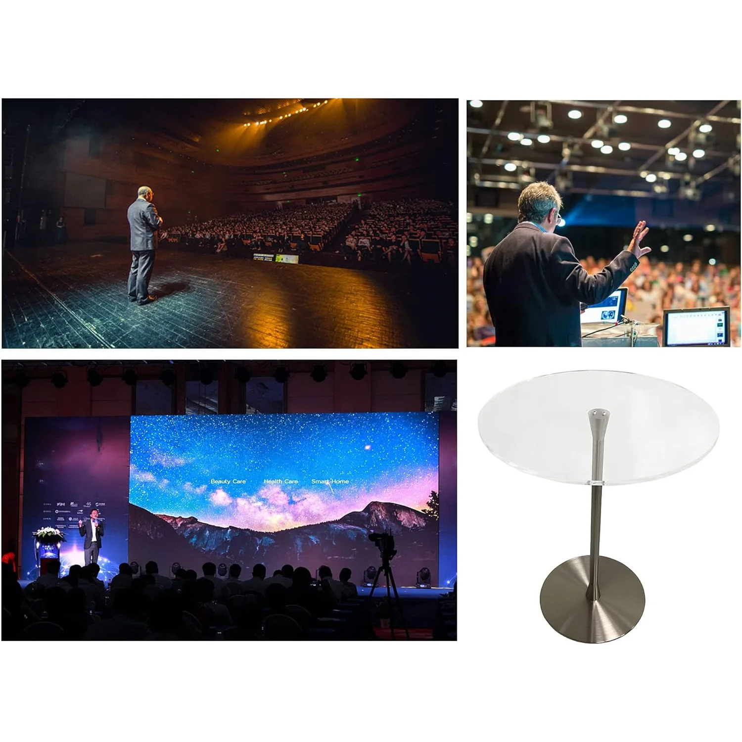 Clear Podium Stand Round Presentation Table Acrylic Tabletop Silver Pole Base Coffee Table For Churches Speech