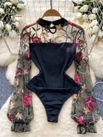 SINGREINY Vintage broderie gaze Sexy body col montant à manches longues combishorts mode épissé femmes ouvert entrejambe barboteuses 4