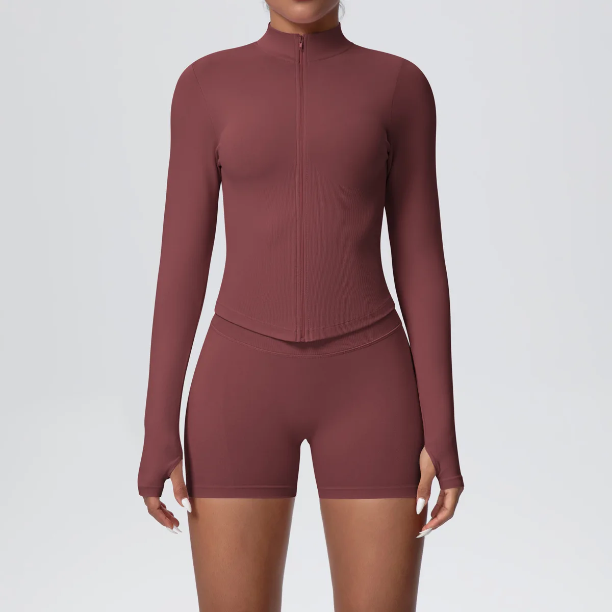 Women Gym Set - Seamless Yoga Suit With Zip Shirt & Cycling Shorts Activewear