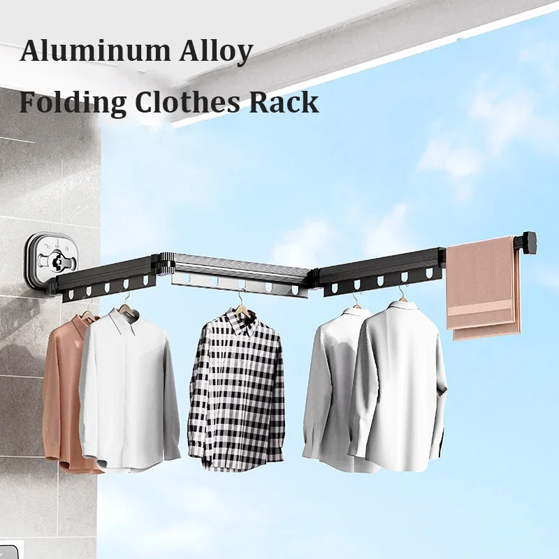 

Folding Clothes Rack Wall Mount Vacuum Installation Clothes Hanger Aluminum Alloy Retractable Rod Home Laundry Clothesline