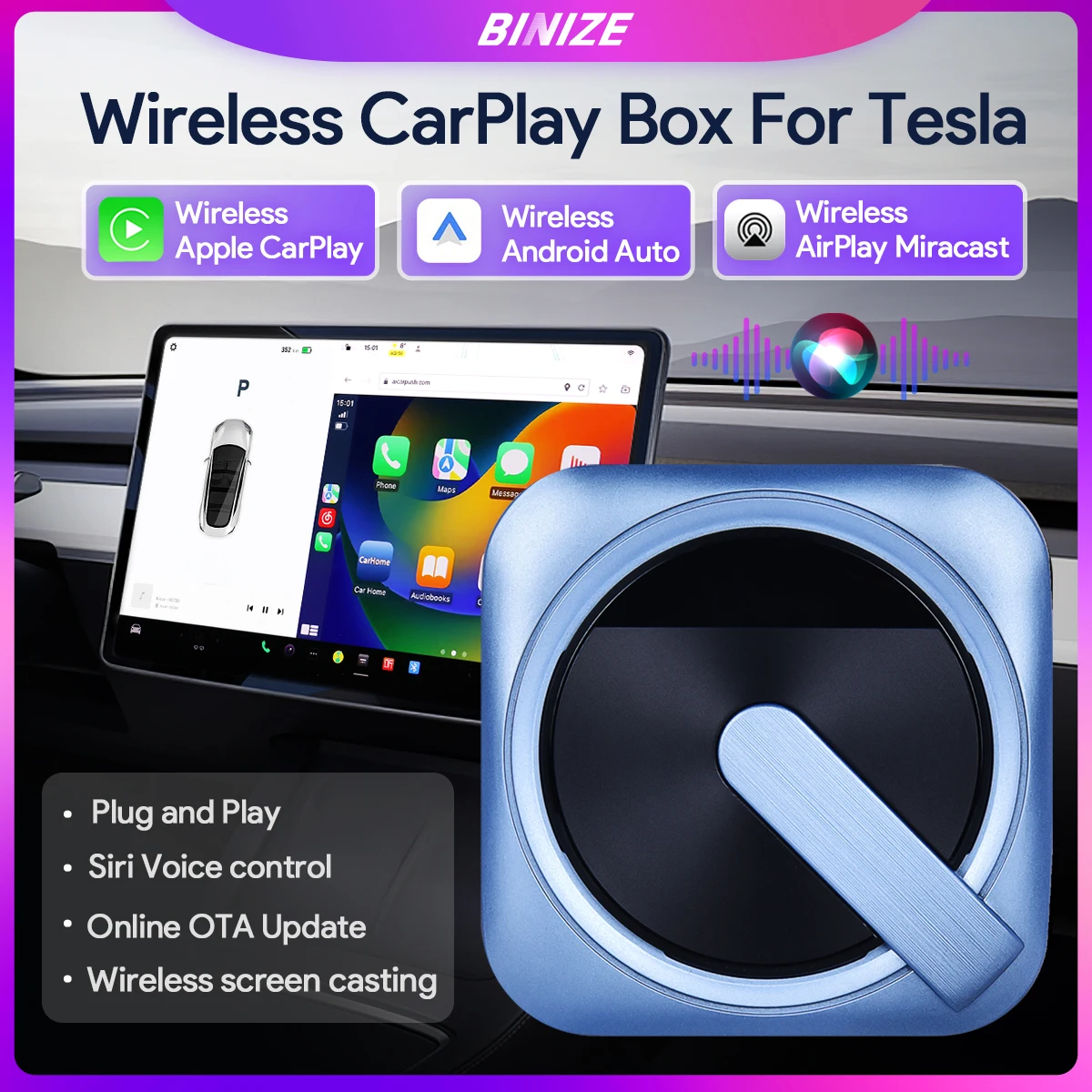 

Wireless Carplay Adapter For Tesla Model 3 Y S X Wireless Android Auto AirPlay Miracast Waze Spotify Siri Unrequired SIM