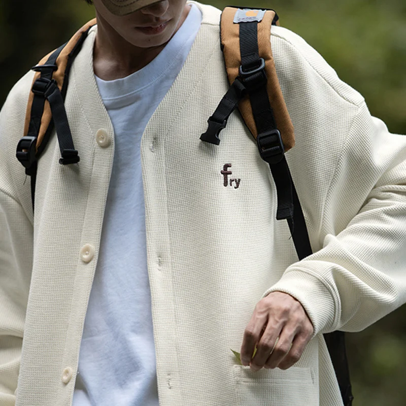 Tfemters Autunno Inverno Waffle Cardigan Uomo Felpa Uomo 2024 Maniche Lunghe Ricamo Cappotti Albicocca Streetwear Abbigliamento Uomo