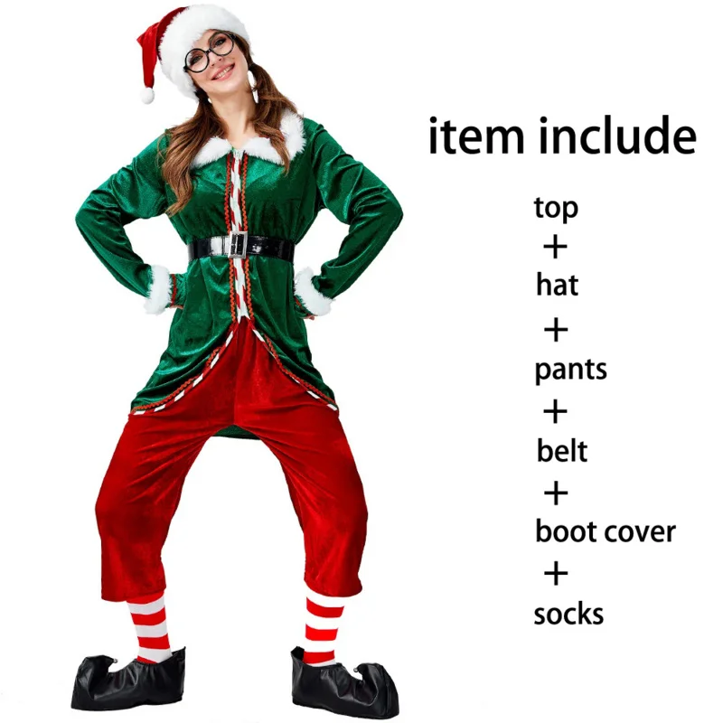 

Women Santa Claus Tree Green Elf Christmas Costume Clown Outfit Happy New Year Xmas Cosplay Fancy Dress