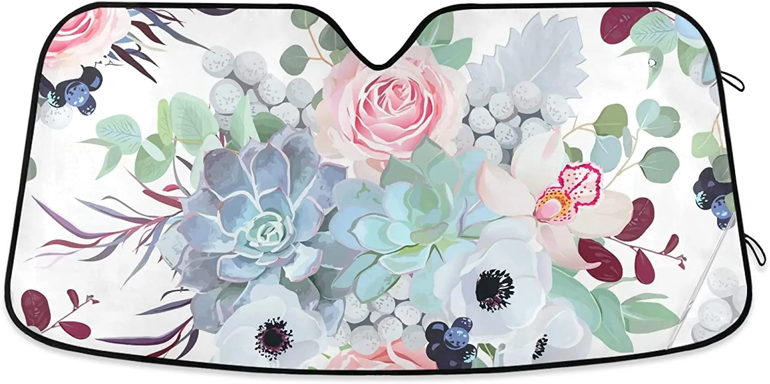 

YYZZH Floral Pattern Pink Rose Anemone Succulent Orchid Flower Eucalyptus Car Windshield Sun Shade Block UV Rays Sun Visor Prote