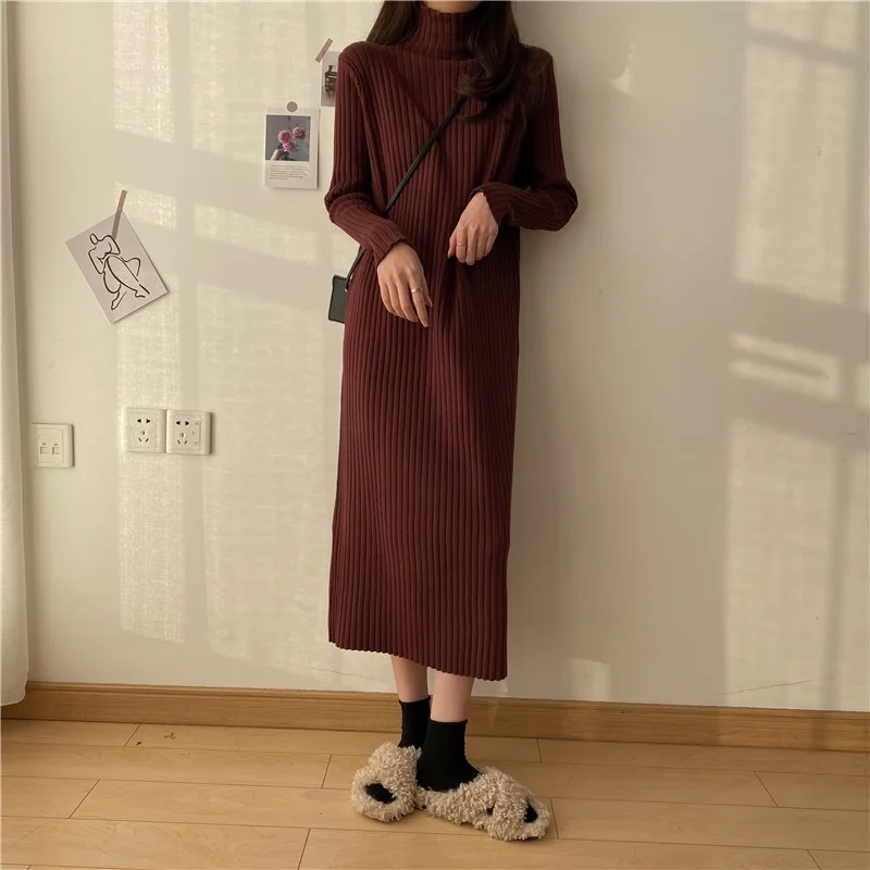 

Women's Knitted Dress 2023 Autumn Winter Half High Collar Full Sleeve Korean Loose Dresses Fashion Female Warm Long Sweaters