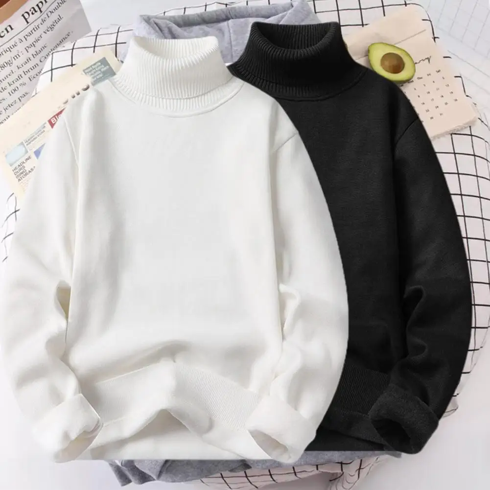 

Men Sweater Turtleneck Long Sleeves Fleece Lining Ribbed Trim Knitwear Solid Color Thickened Warm Sweater Jumper Daily Clothing