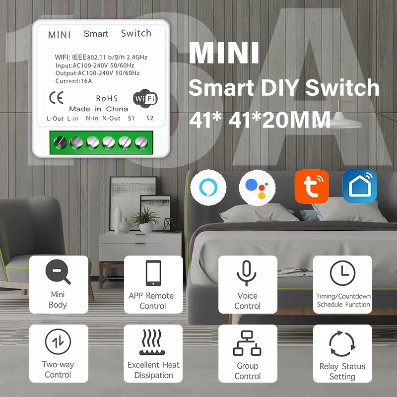 Mini módulo de interruptor ZigBee 3.0 16A Interruptor de luz de relé  inteligente