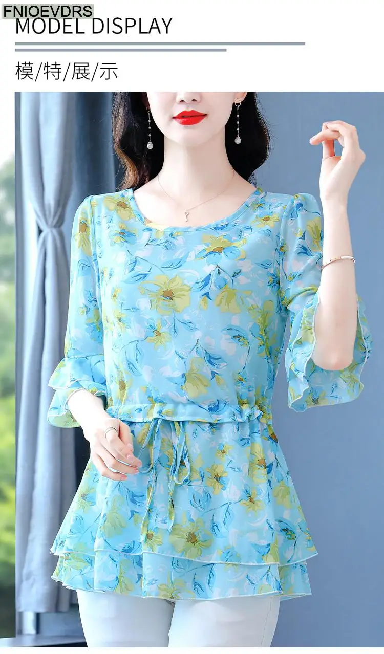 S-4XL Loose Clothes 2023 Women Summer Slim Waist Drawstring Ruffles Shirts Casual Chiffon Floral Tunic Peplum Tops And Blouses