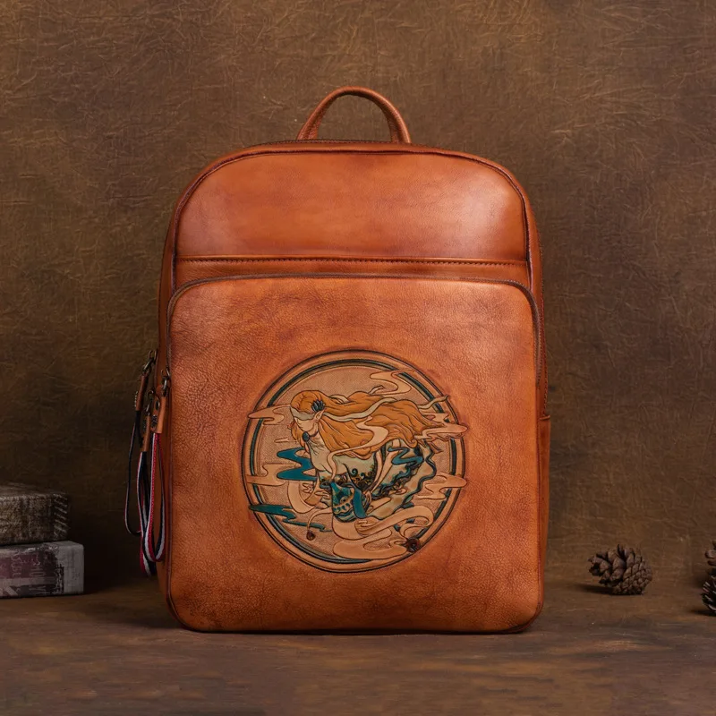 

Women Backpack Brown 2024 New Retro Soft Cowhide Large Capacity Hand-carved Genuine Leather Luxury Bags Laptop Backpacks