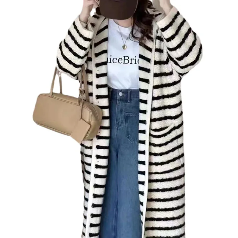 Women Autumn Winter Striped Knitted Sweater Long Sleeve Cardigan