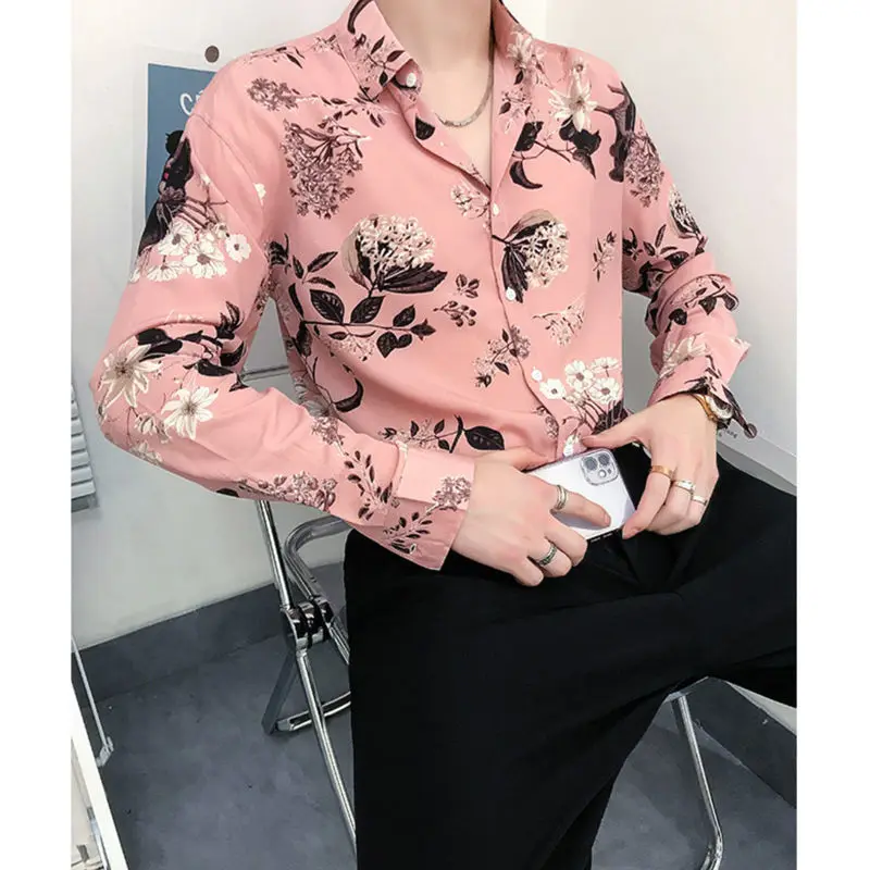 

2024 Men's New Spring Long Sleeve Shirts Hawaiian Shirts Cotton Floral Print Casual Male Casual Clothes Regular Tops Blouse P38