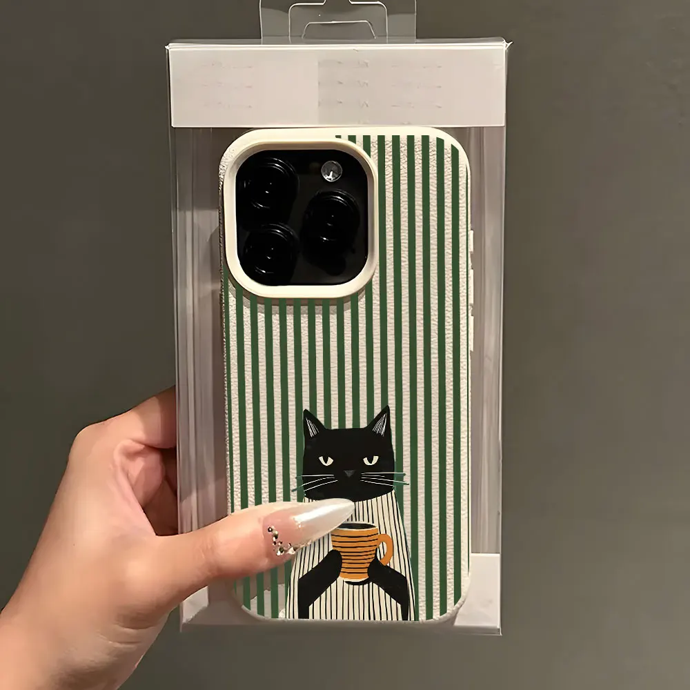 Whimsical Coffee Cat Pattern Lychee Soft Shockproof Phone Case