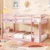 Solid Wood Twin Over Twin Bunk Bed Frame with Full Guardrails & Integrated Ladder, Floor Twin Bunk, Children Beds 1
