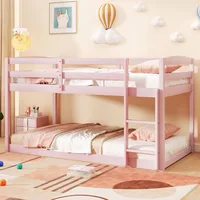 Solid Wood Twin Over Twin Bunk Bed Frame with Full Guardrails & Integrated Ladder, Floor Twin Bunk, Children Beds 1