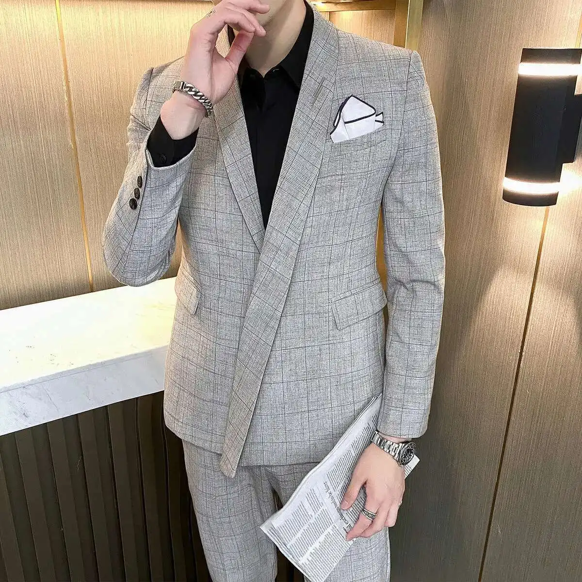 Asymmetry Blazer Lattice Suit Wedding Dress Two Piece Men Tuxedo Suit