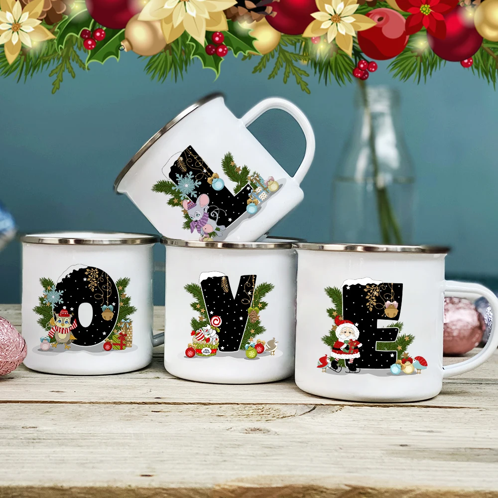 

Cartoon Santa Christmas Tree Deer Alphabet Enamel Mugs New Year Party Wine Beer Juice Coffee Cups Creative Milk Mug Xmas Gifts