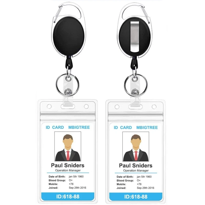 Retractable Badge Reel Set Black Zinc Alloy Telescopic Keychain PVC Waterproof Card Sleeve for Staff Doctor Access Pass Holder retractable badge reel 1pc   zinc alloy key ring waist buckle id name tag card carabiner for staff doctor access pass holder