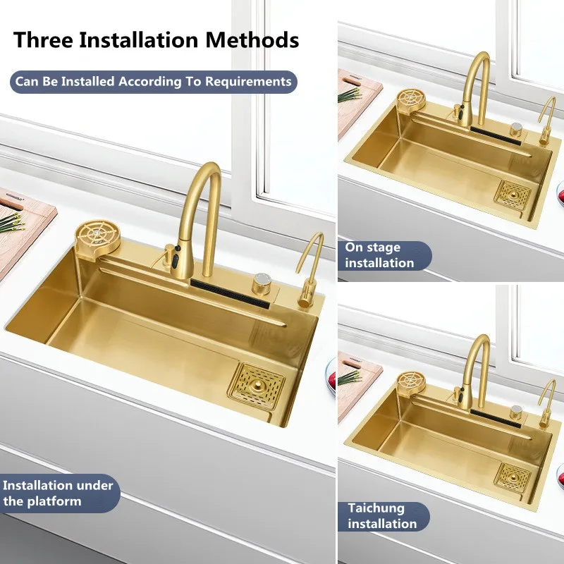 Gold 304 Stainless Steel kitchen Waterfall Sink,Vegetable Washing Basin,Large Single Slot,Middle And Lower Basin,Thickened 3