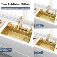 Gold 304 Stainless Steel kitchen Waterfall Sink,Vegetable Washing Basin,Large Single Slot,Middle And Lower Basin,Thickened 2