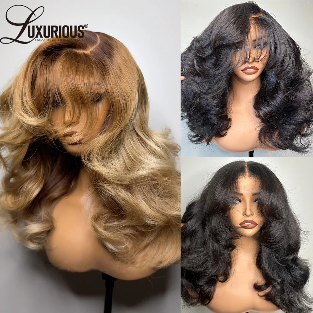Human Hair Wig lace front wigs Blow-Out Inspired Layered Ombre Blonde Colored Wig High Density 13x6 Lace Front Wig Glueless Wear And Go With Curtain Bangs