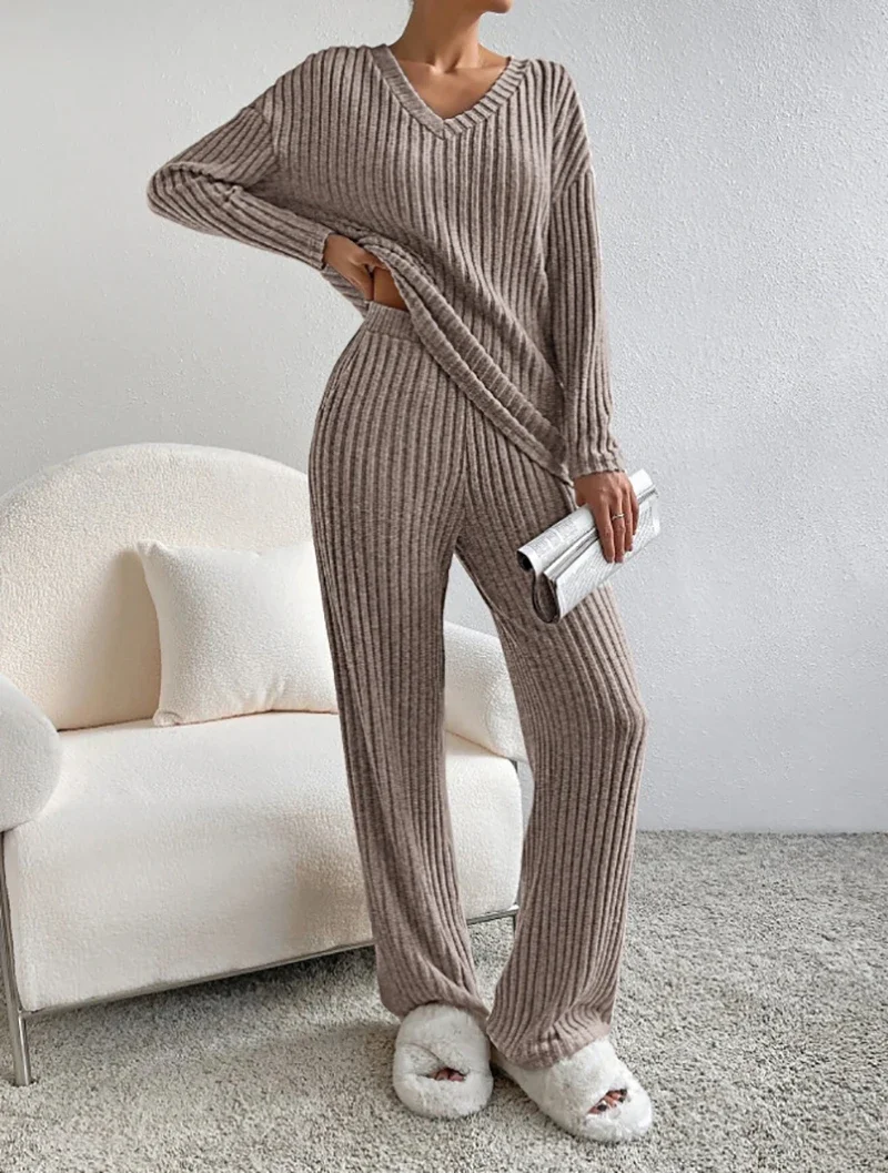 Two-piece Set Female 2024 Fall New Fashion Casual Straight Pants Temperament Loose V-neck Pit-stripe Knitting Women's Clothes