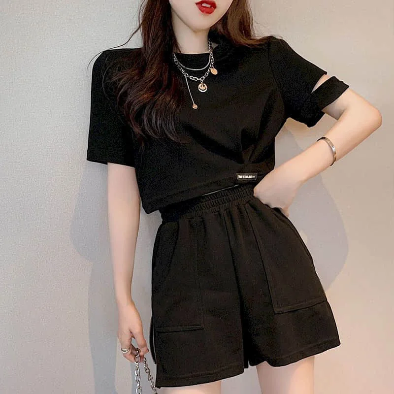 

Shorts Set Summer Two Piece Set Korean Style Casual Women Suit Vintage Loose Hollow Out Short Sleeve T-shirt Shorts Tracksuit