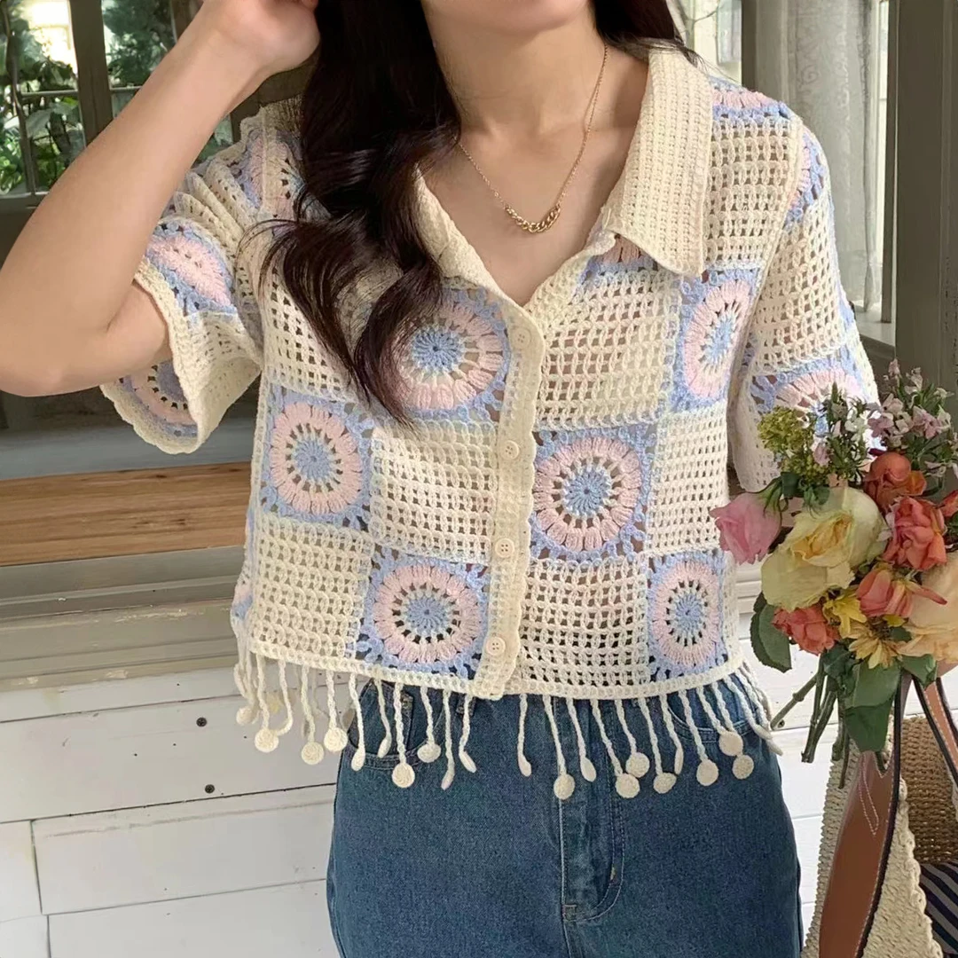 POL Button Down Openwork Floral Crochet Shirt with Granny Square Pattern