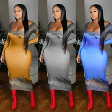 

Chocomist Dresses Sexy Off-shoulder Backless Gradient Print Women Midi Dress