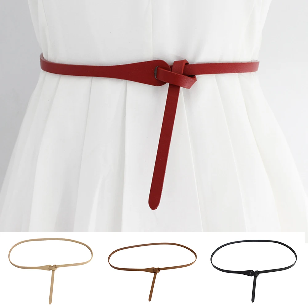 

No-hole Knotted Belt Vintage PU Leather Waistband Solid Color Vintage Decorative Belts Thin Dress Girdle For Women