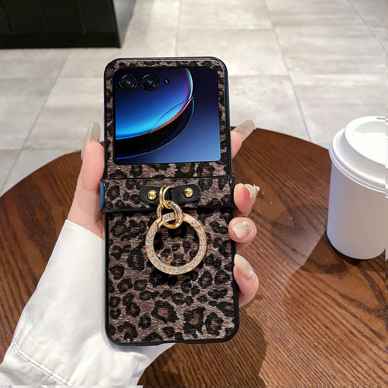 Chic Leopard Leather Plush Cover with Diamond-Plated Ring Buckle