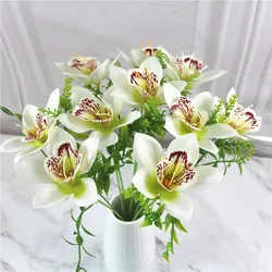 Elegant White Silk Orchid Bouquet - Set of 10 Artificial Flowers for Home and Event Décor (WHITE)