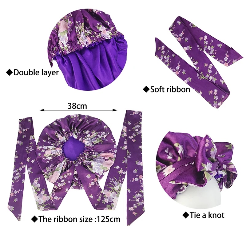 Soft Silky Print Satin Bonnet for Women Large Nightcap with Long Satin Ribbon Tie Band Bonnet Adjustable Wide Band Head Wrap Hat 6