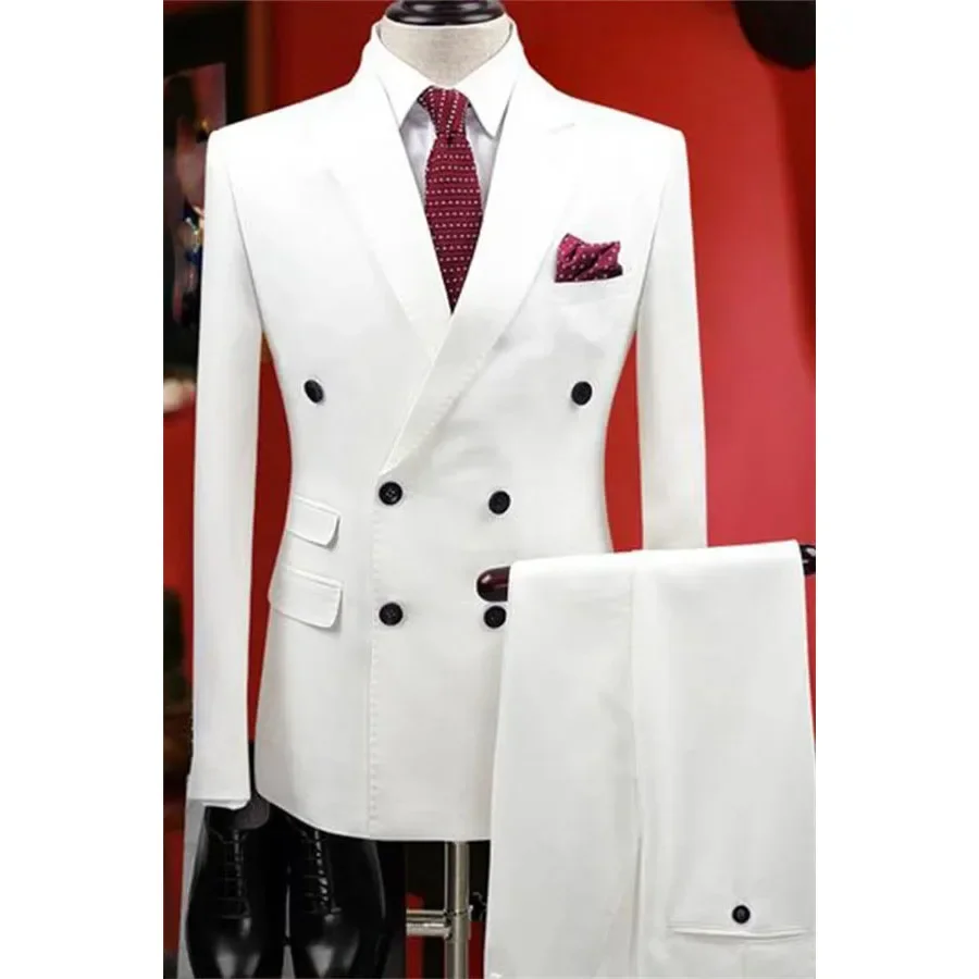 

Luxury Wedding White Men's Suits Double Breasted Peaked Lapel Loose Full Set Regular Gentlemen Blazer 2 Piece Jacket Pants