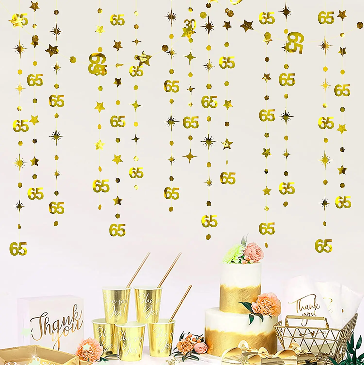 13 Fuß Gold Nummer 65. Kreis Punkt Stern 65. Alles Gute zum Geburtstag Girlande Banner Dekor 65 Jahre alt Geburtstag Jubiläum hängende Streamer – Detail 9