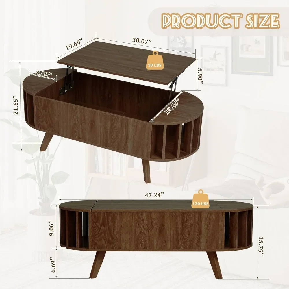 Lift Top Coffee Table with Storage,47.2" Oval Coffees Tables with Open Fence Storage, Mid Century Coffee Table with Lifting top 4