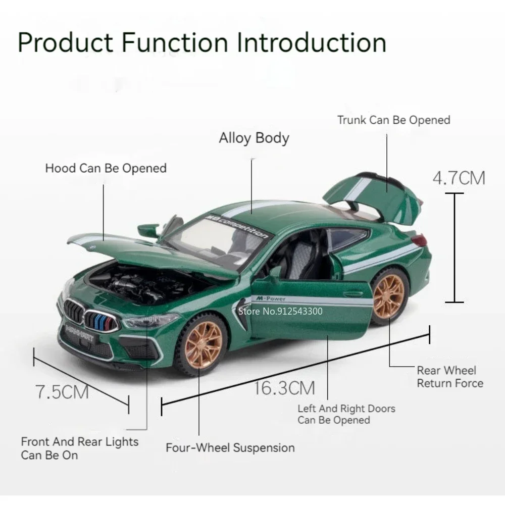 1:32 Scale BMW M8 Competition Car Model Toy Alloy Diecast Four Wheel Suspension Vehicles Collection Miniature Toys for Kids Gift 2