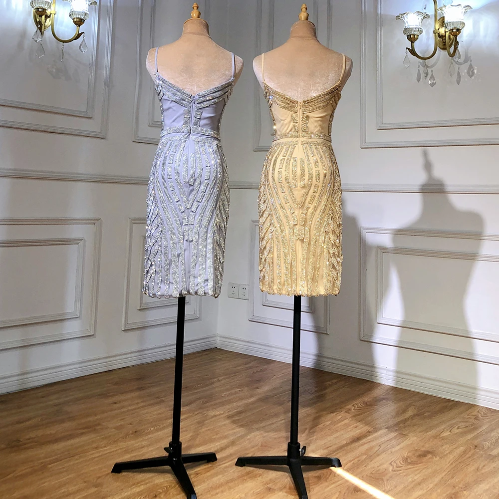 Short Gold Crystal Cocktail Party Dresses Dubai Sleeveless Tulle Sexy Formal Dress Serene Hill LA6050