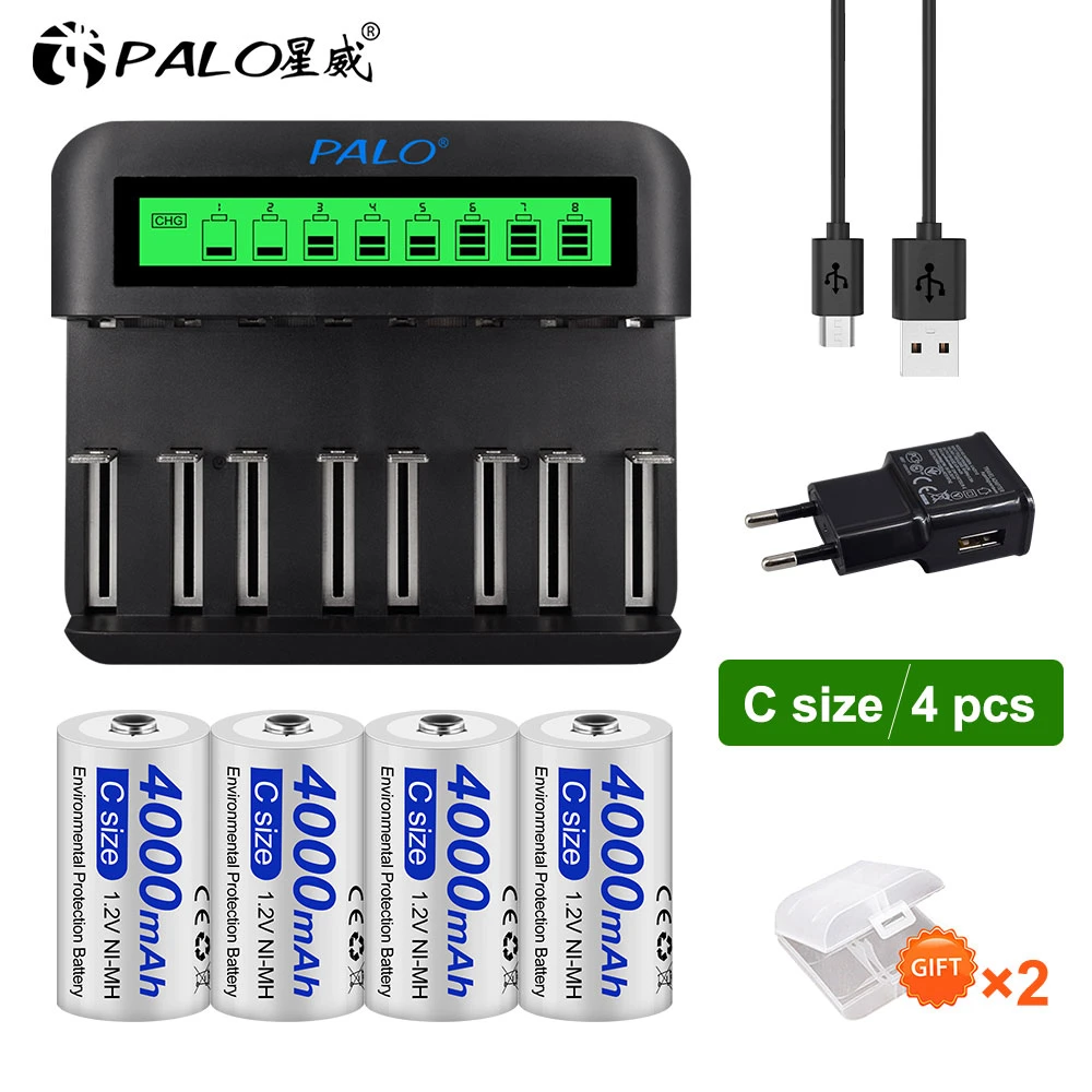 PALO C Size R14 C Cell Rechargeable Battery LR14 4000mAh 1.2V NI-MH C Batteries for Flashlight Gas Cooker with LCD smart charger coin cell battery